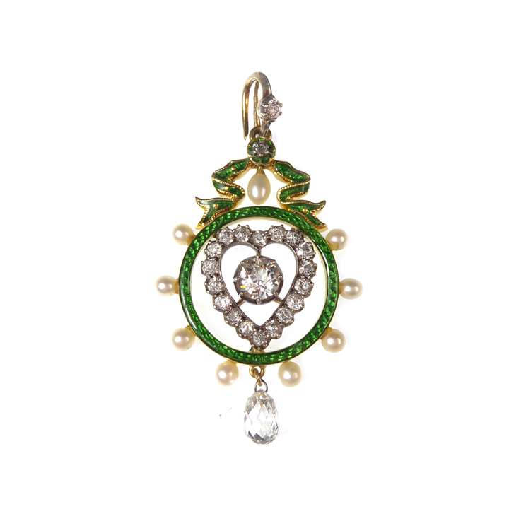 Diamond, pearl and green enamel heart and circle pendant